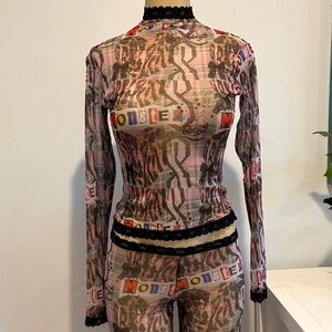 Sheer Long-Sleeve Graphic Mesh Top in Multi-Color